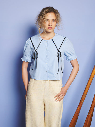 Glassy Bowed Collar Blouse Cornflower Blue / Z