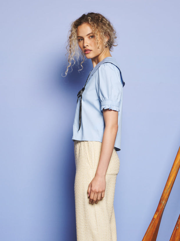 Glassy Bowed Collar Blouse Cornflower Blue / Z