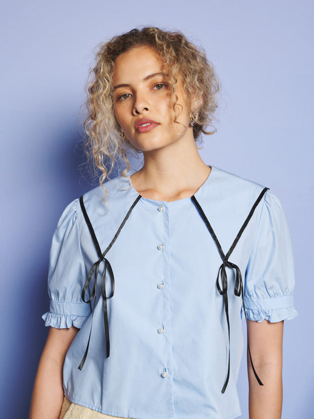 Glassy Bowed Collar Blouse Cornflower Blue / Z