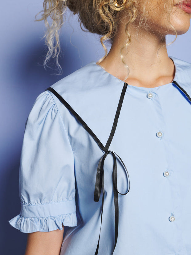 Glassy Bowed Collar Blouse Cornflower Blue / Z