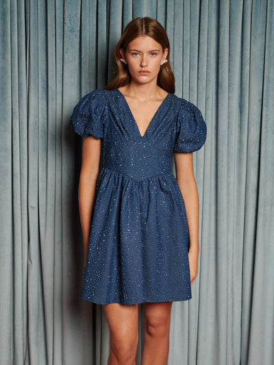 Daze Embellished Denim Mini Dress Indigo Blue / Z