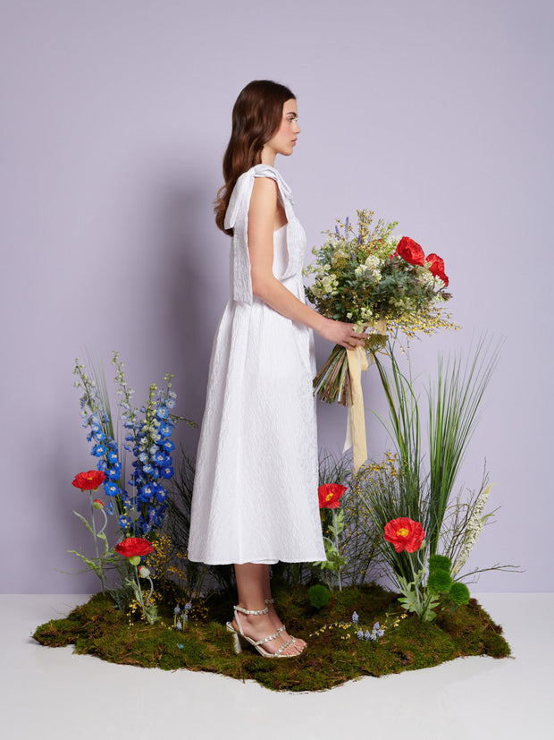 Prairie Bow Jacquard Midi Dress Pearled White / Z