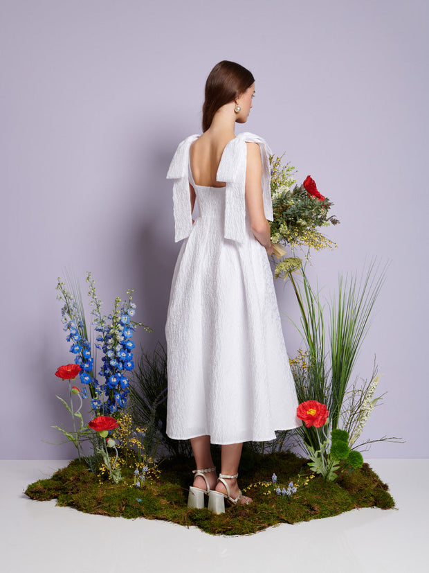 Prairie Bow Jacquard Midi Dress Pearled White / Z