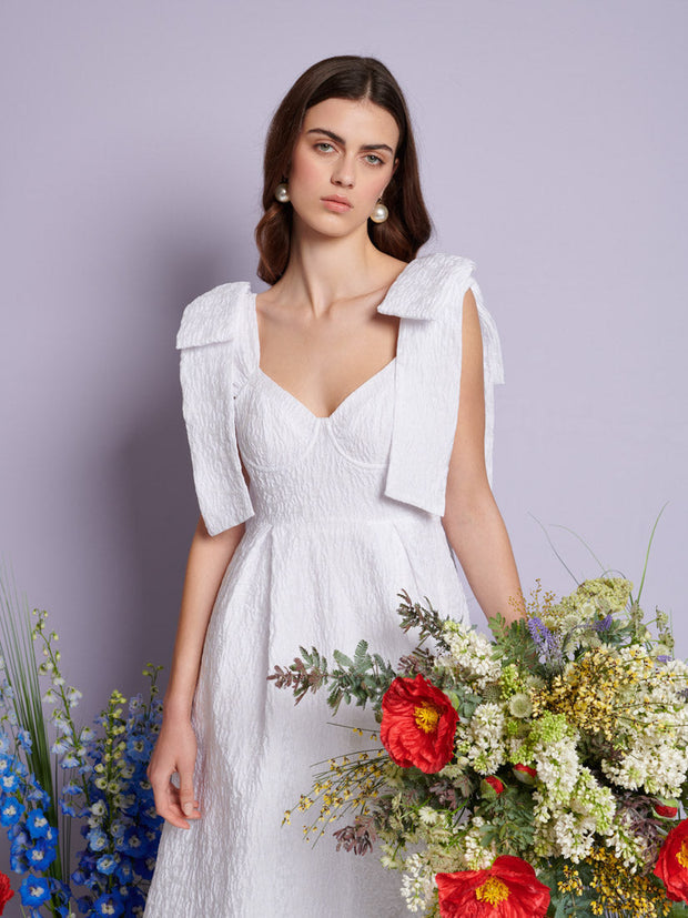Prairie Bow Jacquard Midi Dress Pearled White / Z