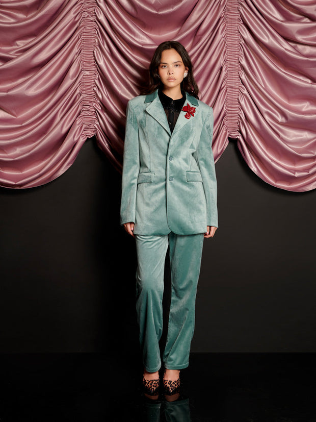 Elio Velvet Single Breasted Blazer Celadon Blue / Z