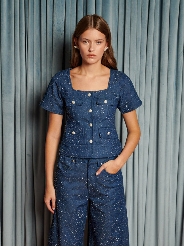 Daze Embellished Denim Top Indigo Blue / Z