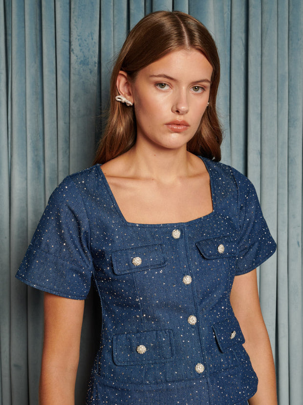 Daze Embellished Denim Top Indigo Blue / Z