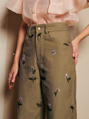 Chateau Flower Embellished Jeans Olive Green / Z