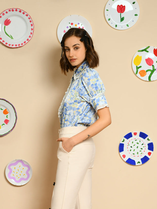 Sky Floral Ruffle Blouse